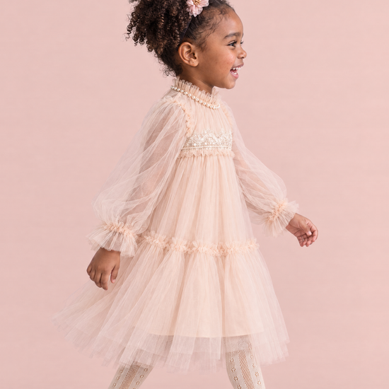 Magnolia Champagne Long Sleeve Flower Girl Dress, side, mid step
