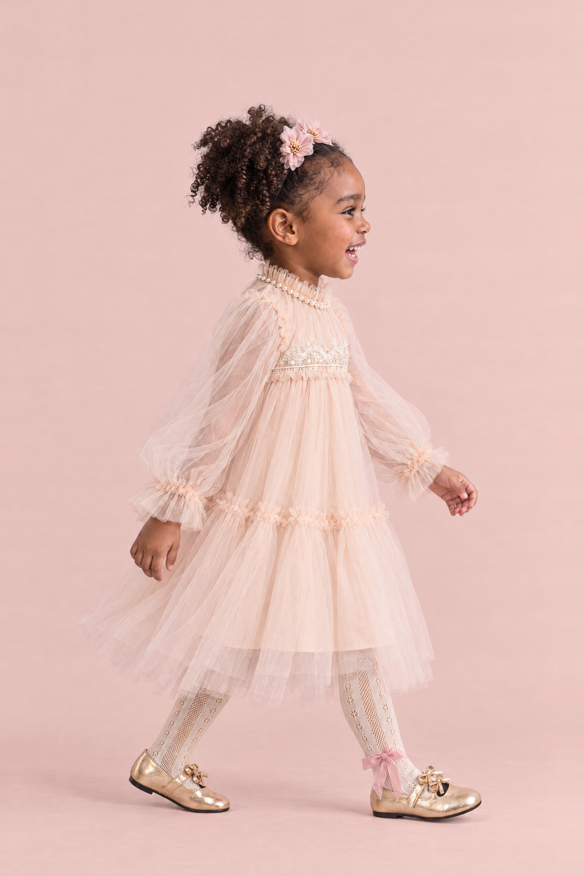 Magnolia Champagne Long Sleeve Flower Girl Dress, side, mid step