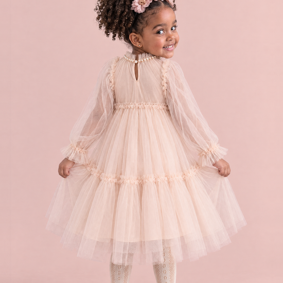 Magnolia Champagne Long Sleeve Flower Girl Dress, back, keyhole and pearl button