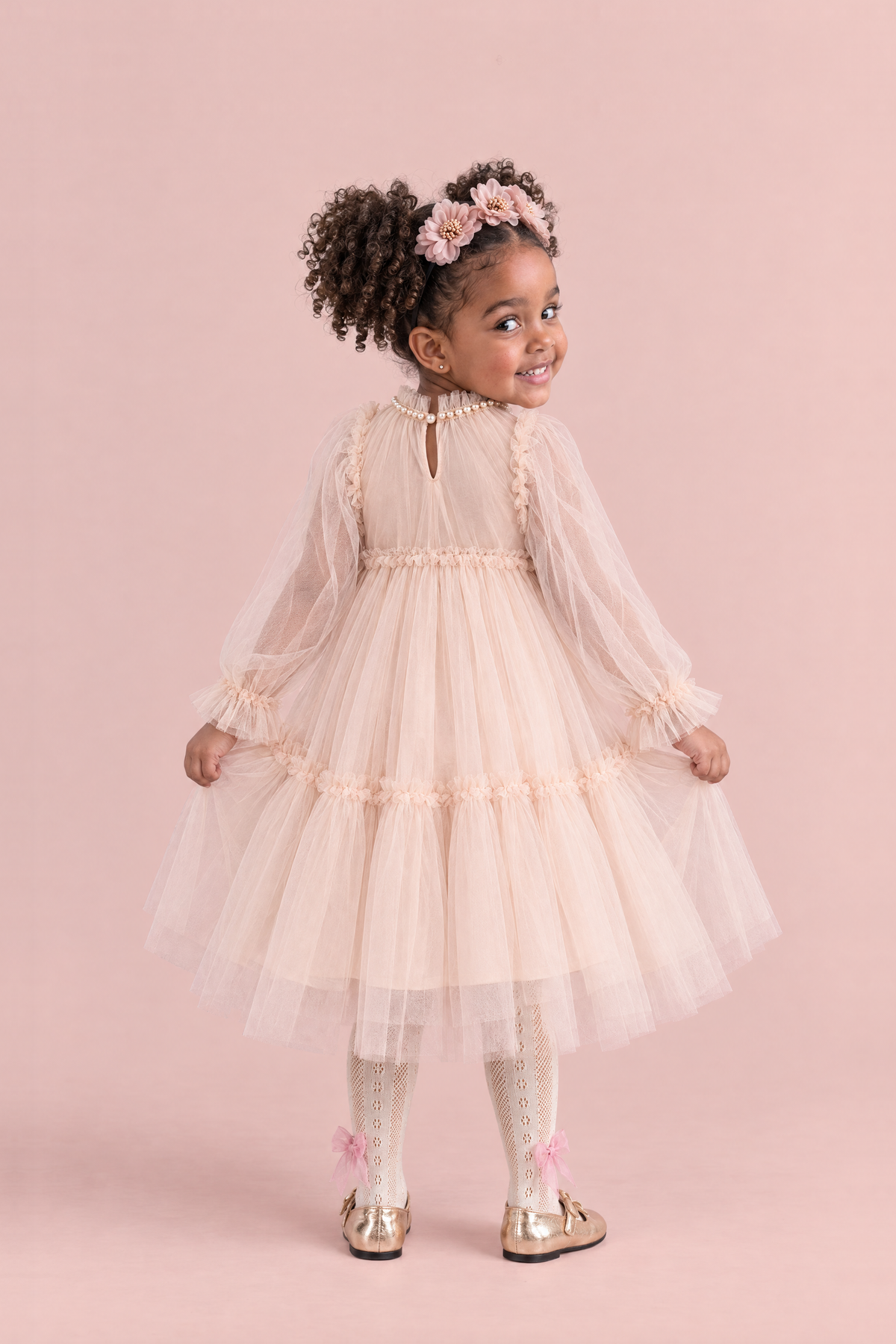 Magnolia Champagne Long Sleeve Flower Girl Dress, back, keyhole and pearl button