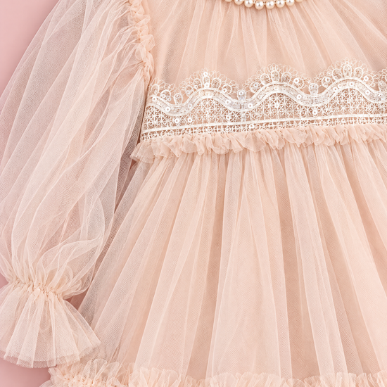 Magnolia Champagne Long Sleeve Flower Girl Dress, pearl collar, lace band and sleeve, close up