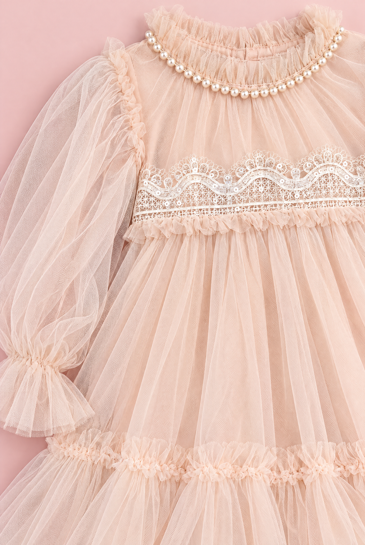 Magnolia Champagne Long Sleeve Flower Girl Dress, pearl collar, lace band and sleeve, close up