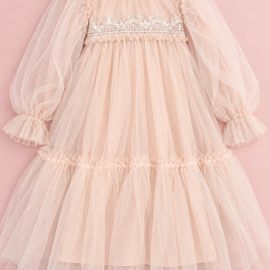 Magnolia Champagne Long Sleeve Flower Girl Dress, flat lay