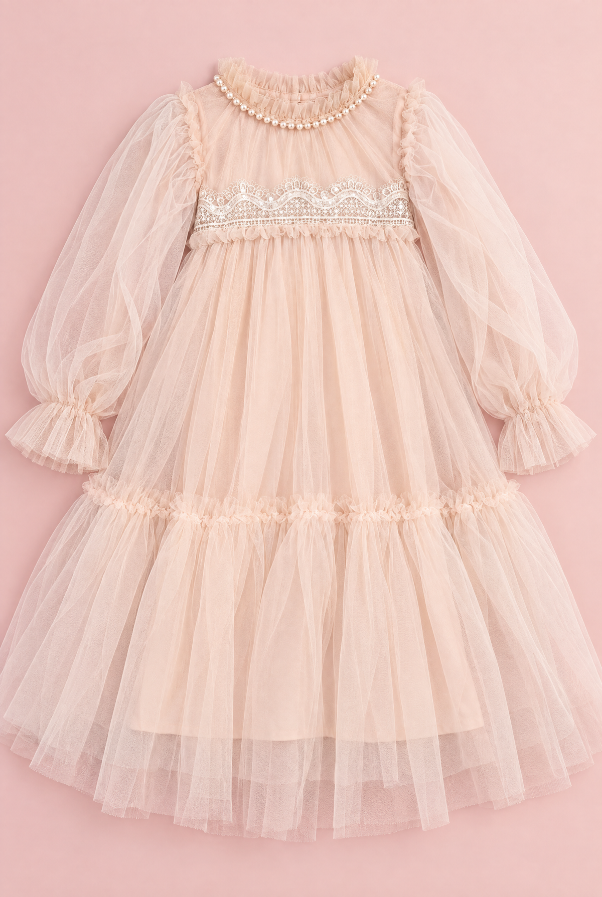 Magnolia Champagne Long Sleeve Flower Girl Dress, flat lay