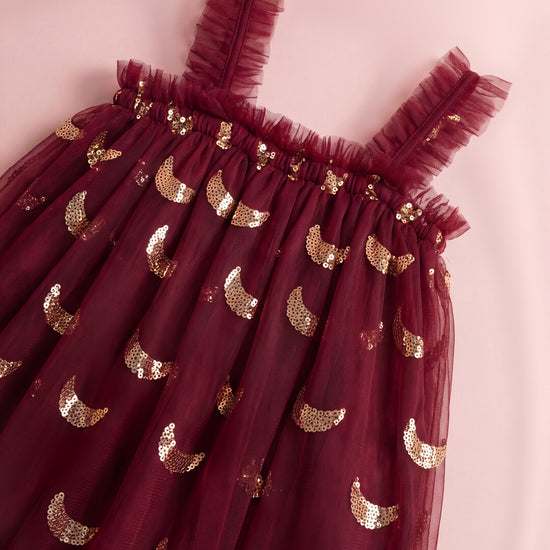 Midnight Star Dress burgundy fabric detail, gold moon sequins