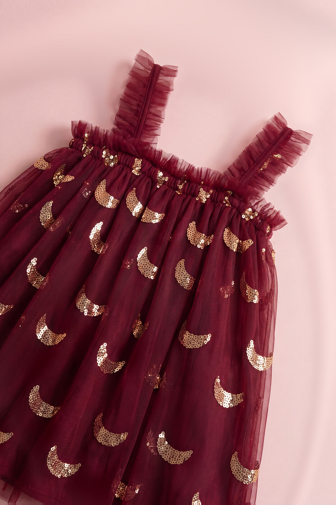 Midnight Star Dress burgundy fabric detail, gold moon sequins