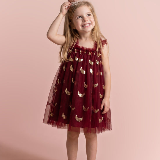 Midnight Star Dress in burgundy with gold moons, front