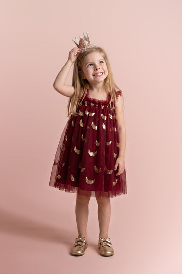 Midnight Star Dress in burgundy with gold moons, front