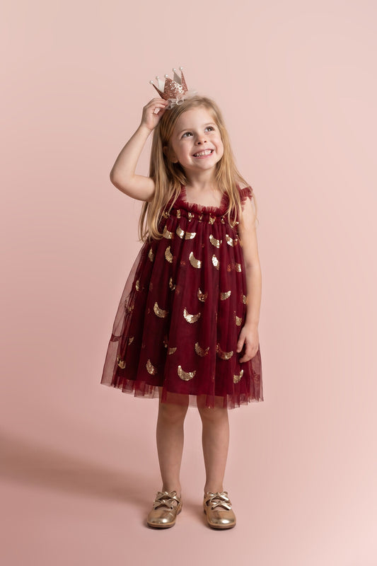 Midnight Star Dress in burgundy with gold moons, front