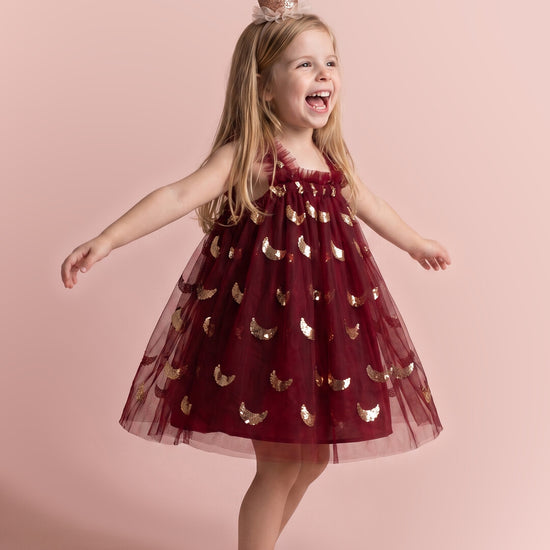 Midnight Star Dress in burgundy, three quarter twirl
