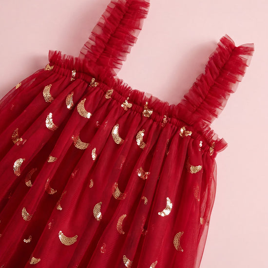 Midnight Burgundy Formal Dress fabric detail, gathered top edge and ruffled tulle straps