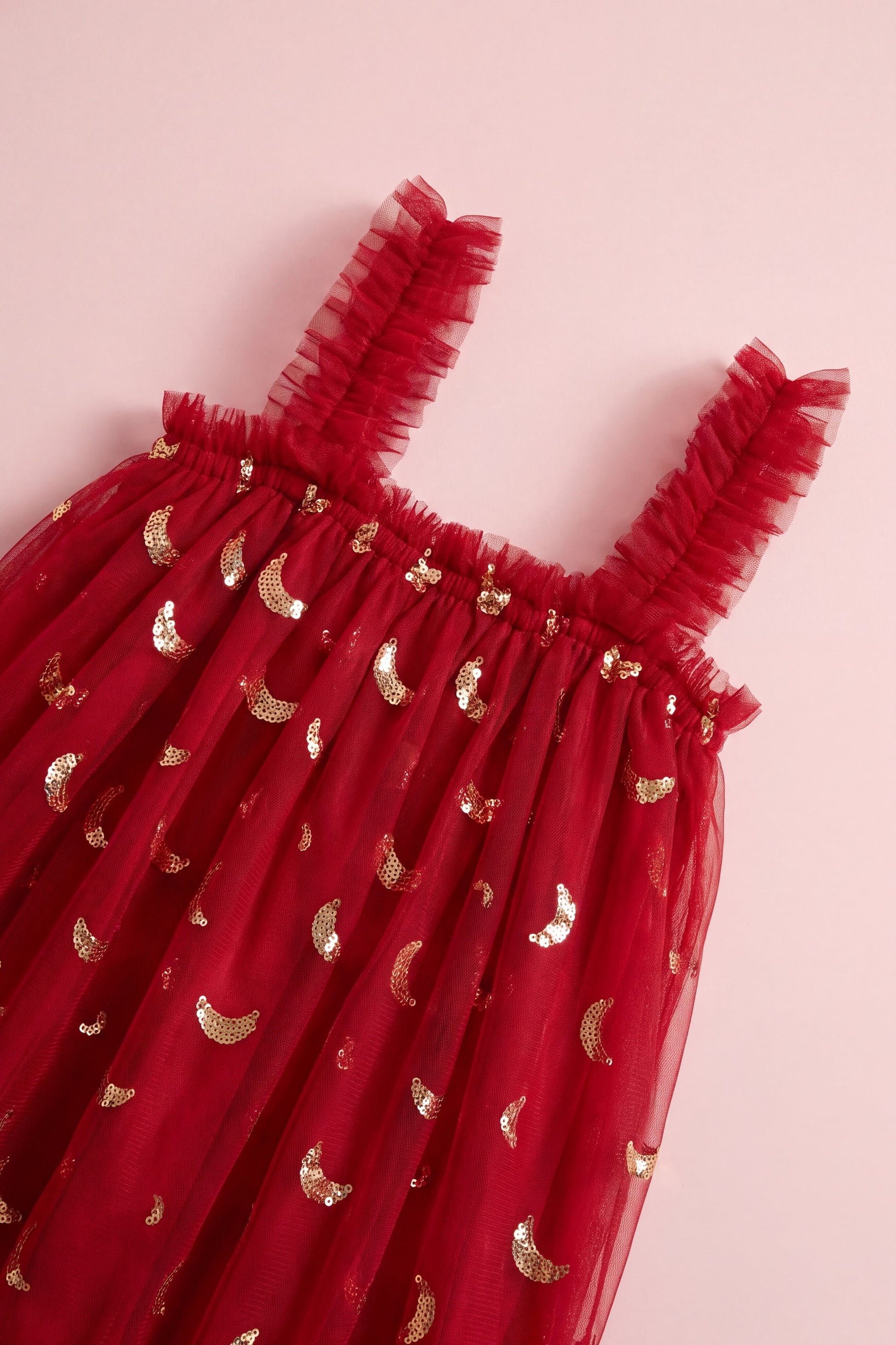 Midnight Burgundy Formal Dress fabric detail, gathered top edge and ruffled tulle straps