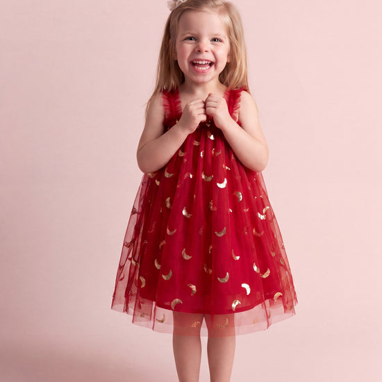 Midnight Burgundy Formal Dress in red tulle with gold crescent moon sequins, front view