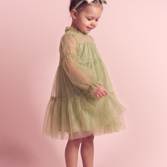 Meadow sage green tulle dress three quarter
