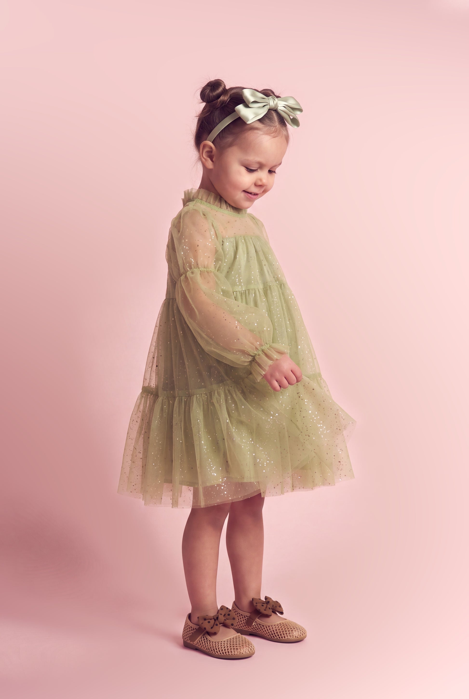 Meadow sage green tulle dress three quarter