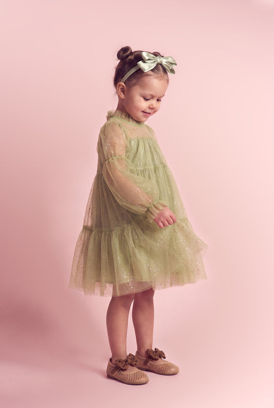 Meadow sage green tulle dress three quarter
