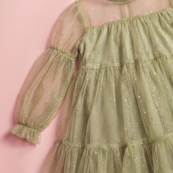 Meadow sage green glitter tulle detail