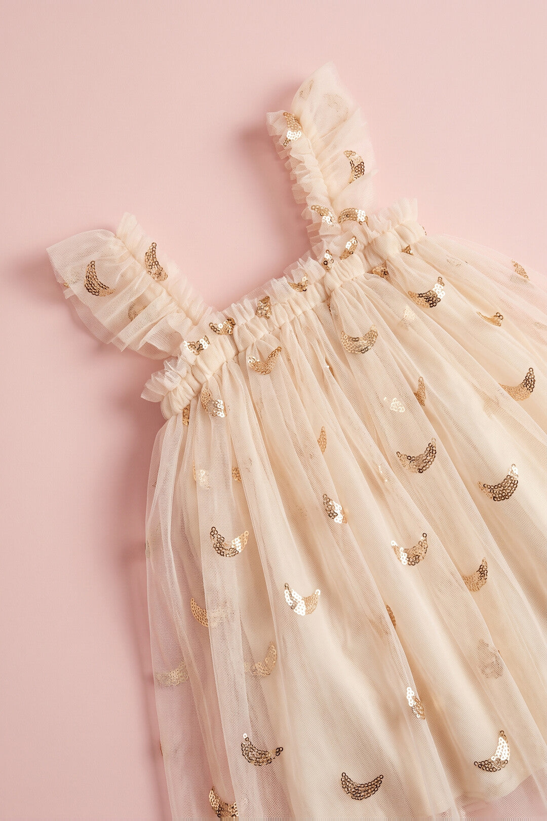 Midnight Star Dress cream fabric detail, gold star and moon sequins