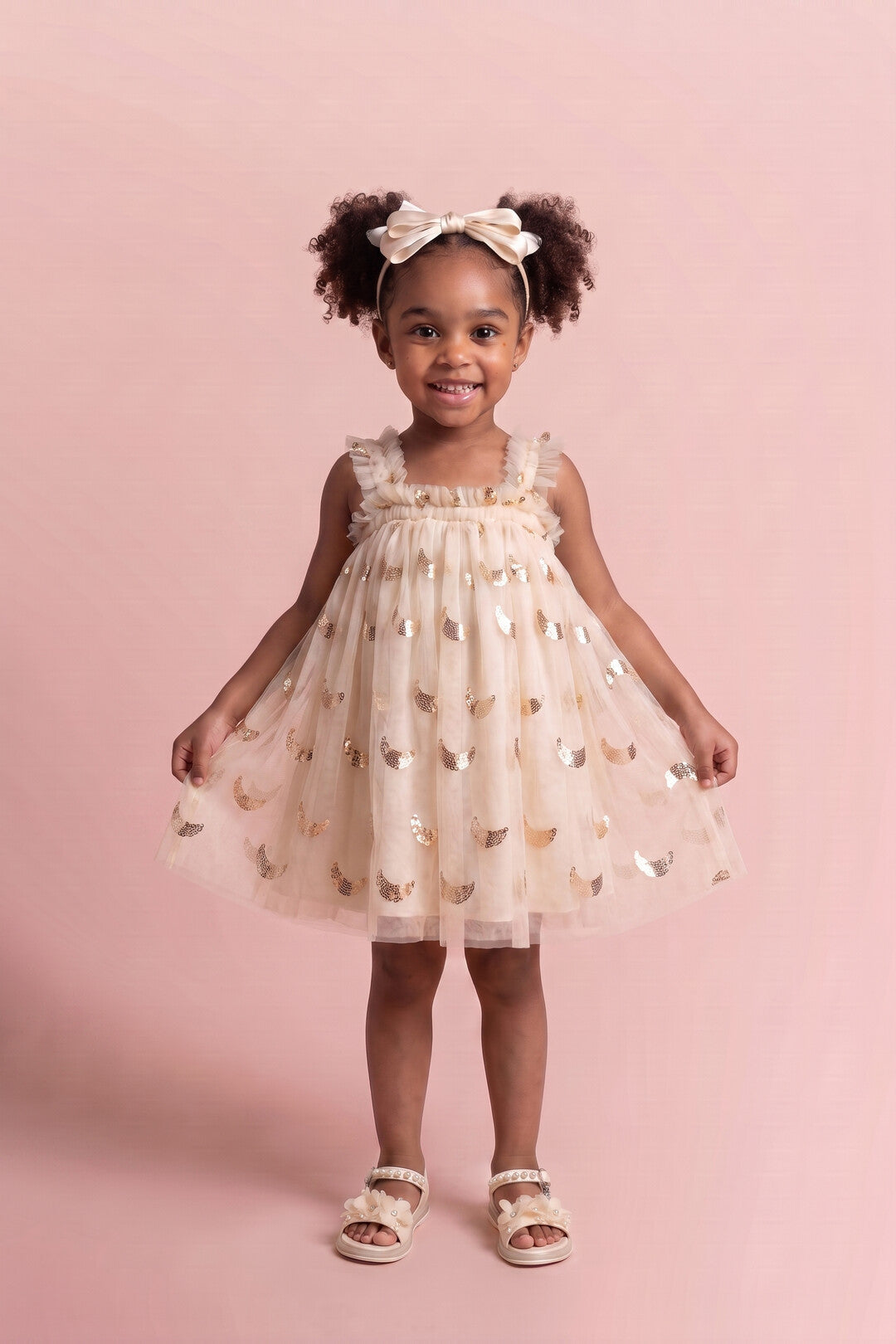 Girl wearing the Midnight Star Dress in cream with gold stars and moons, front