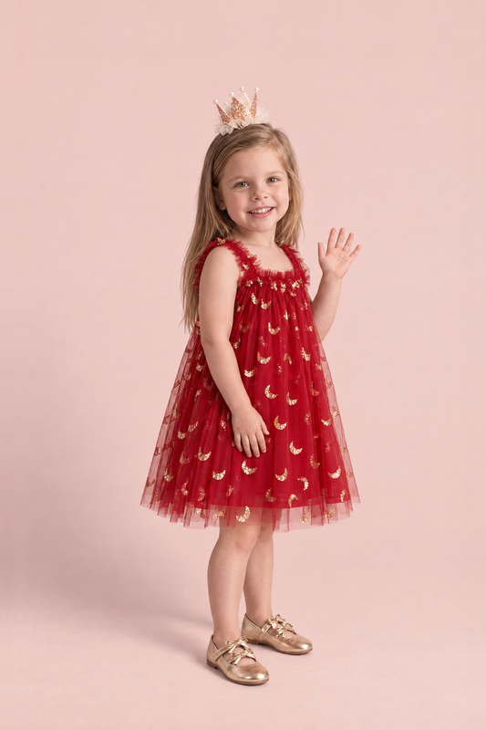 Midnight Red Formal Dress, three quarter view showing the full tulle skirt