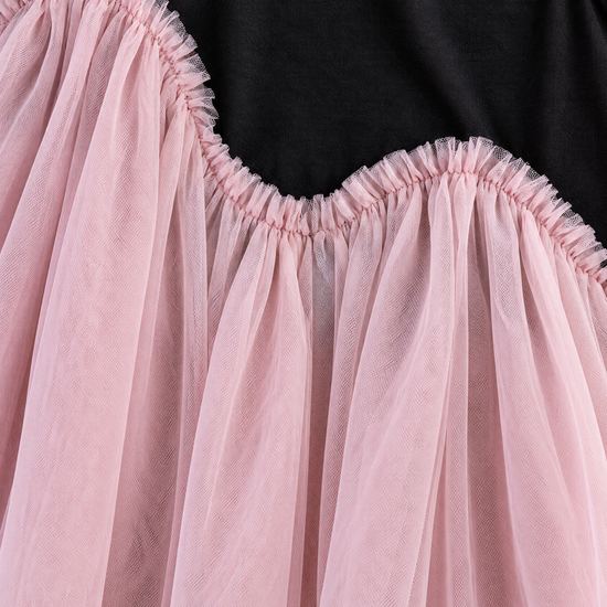 Odette Black and Pink Tutu Party Dress, close up of the wave seam and frill where the black jersey meets the pink tulle