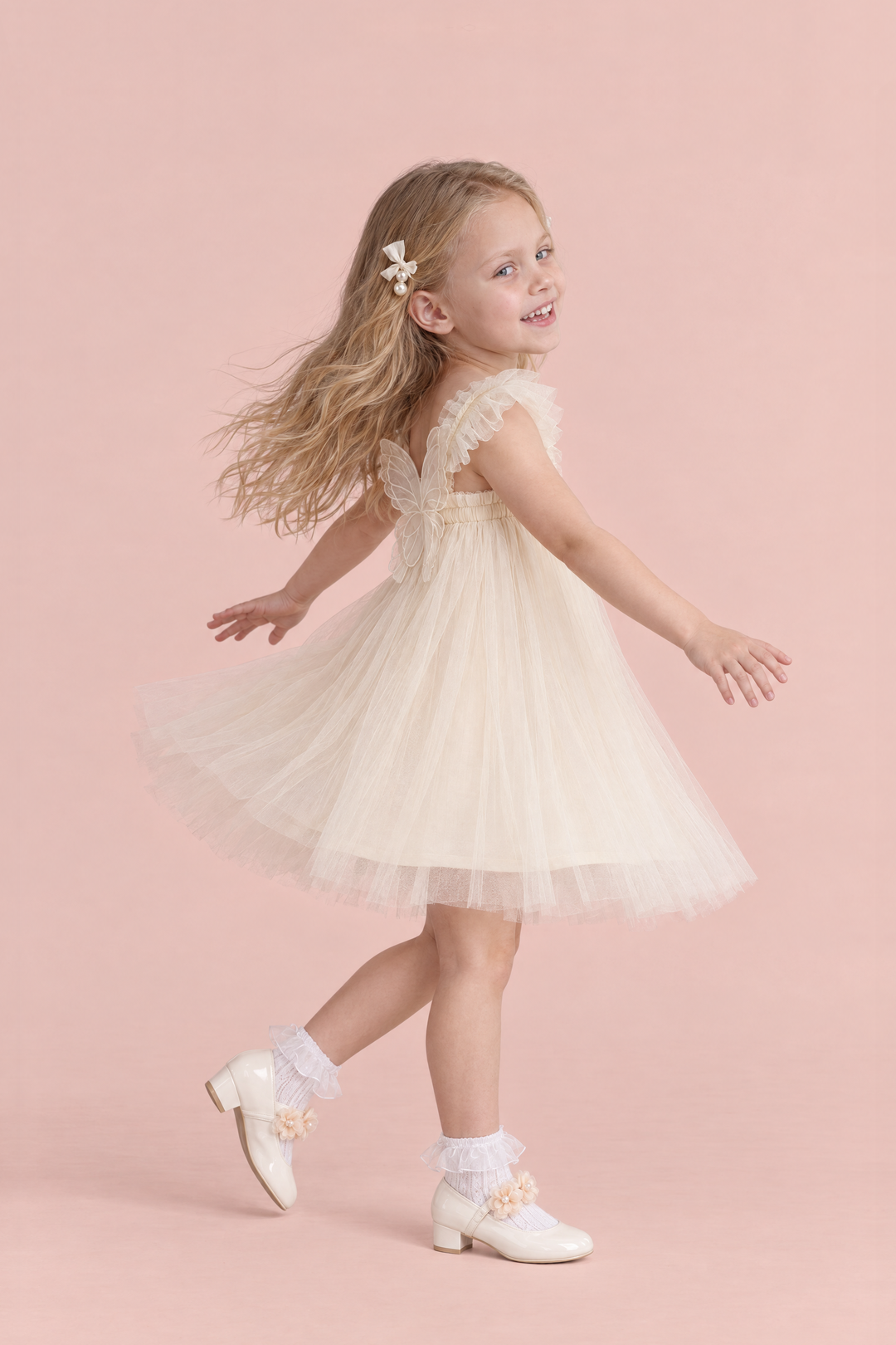 Papillon Ivory Butterfly Back Flower Girl Dress, side, mid twirl with the skirt flying