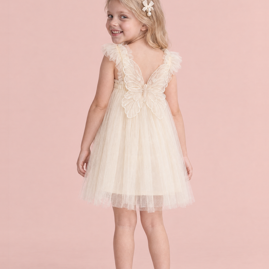 Papillon Ivory Butterfly Back Flower Girl Dress, back, one large organza butterfly between the straps