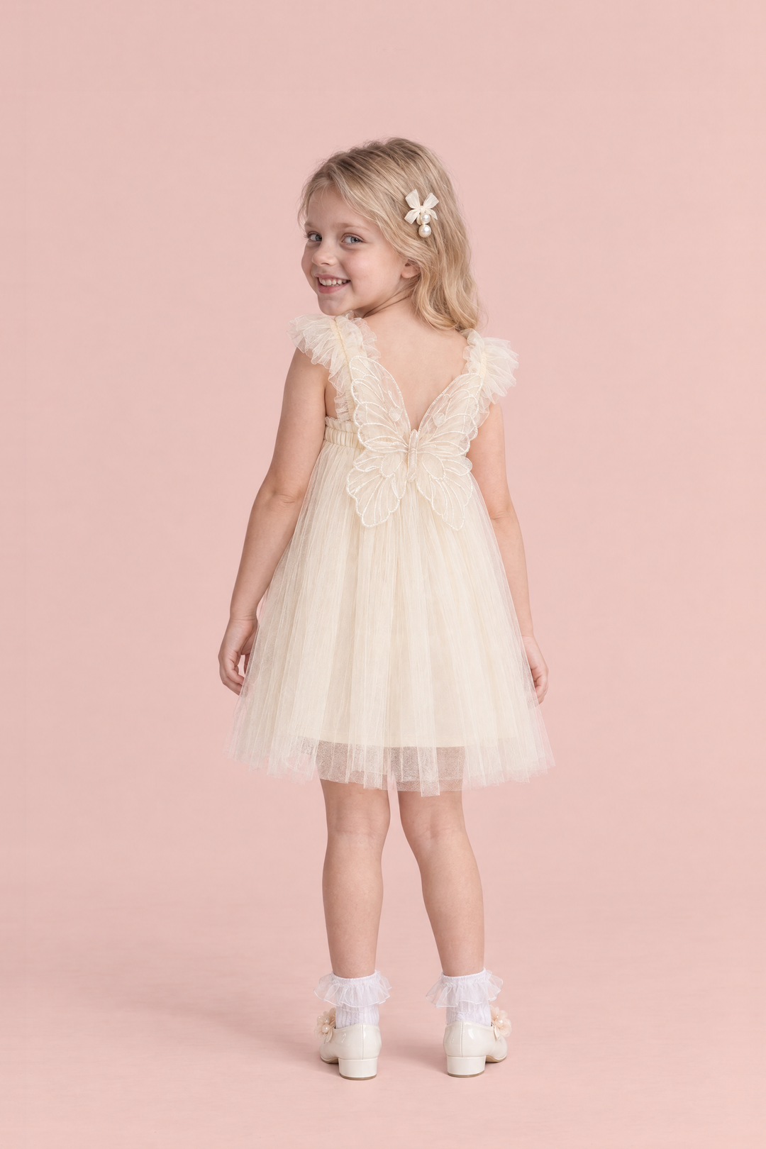 Papillon Ivory Butterfly Back Flower Girl Dress, back, one large organza butterfly between the straps