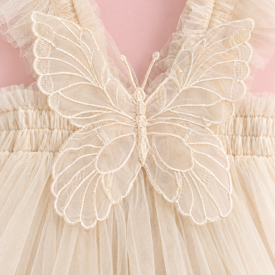 Papillon Ivory Butterfly Back Flower Girl Dress, organza butterfly, straps and band, close up