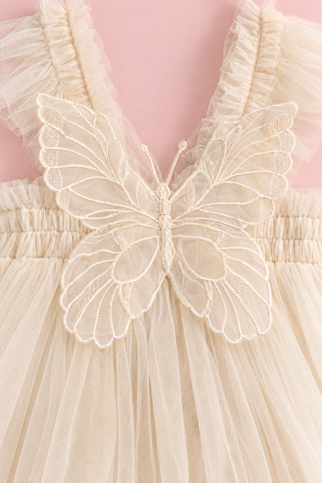 Papillon Ivory Butterfly Back Flower Girl Dress, organza butterfly, straps and band, close up