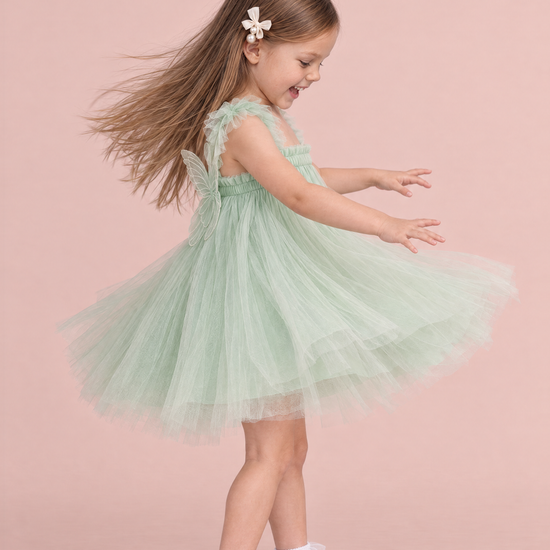 Papillon Mint Butterfly Back Flower Girl Dress, side, spinning so the skirt flies
