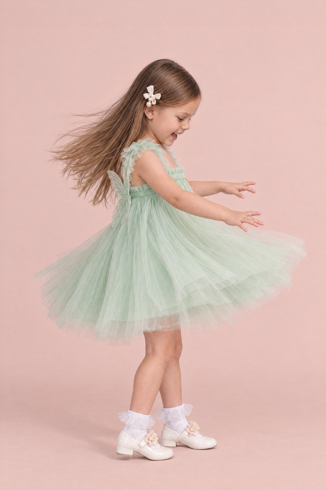 Papillon Mint Butterfly Back Flower Girl Dress, side, spinning so the skirt flies
