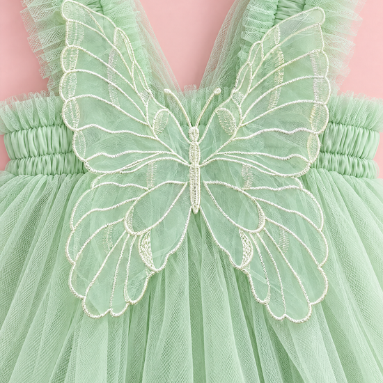Papillon Mint Butterfly Back Flower Girl Dress, organza butterfly with ivory stitching, straps and band, close up