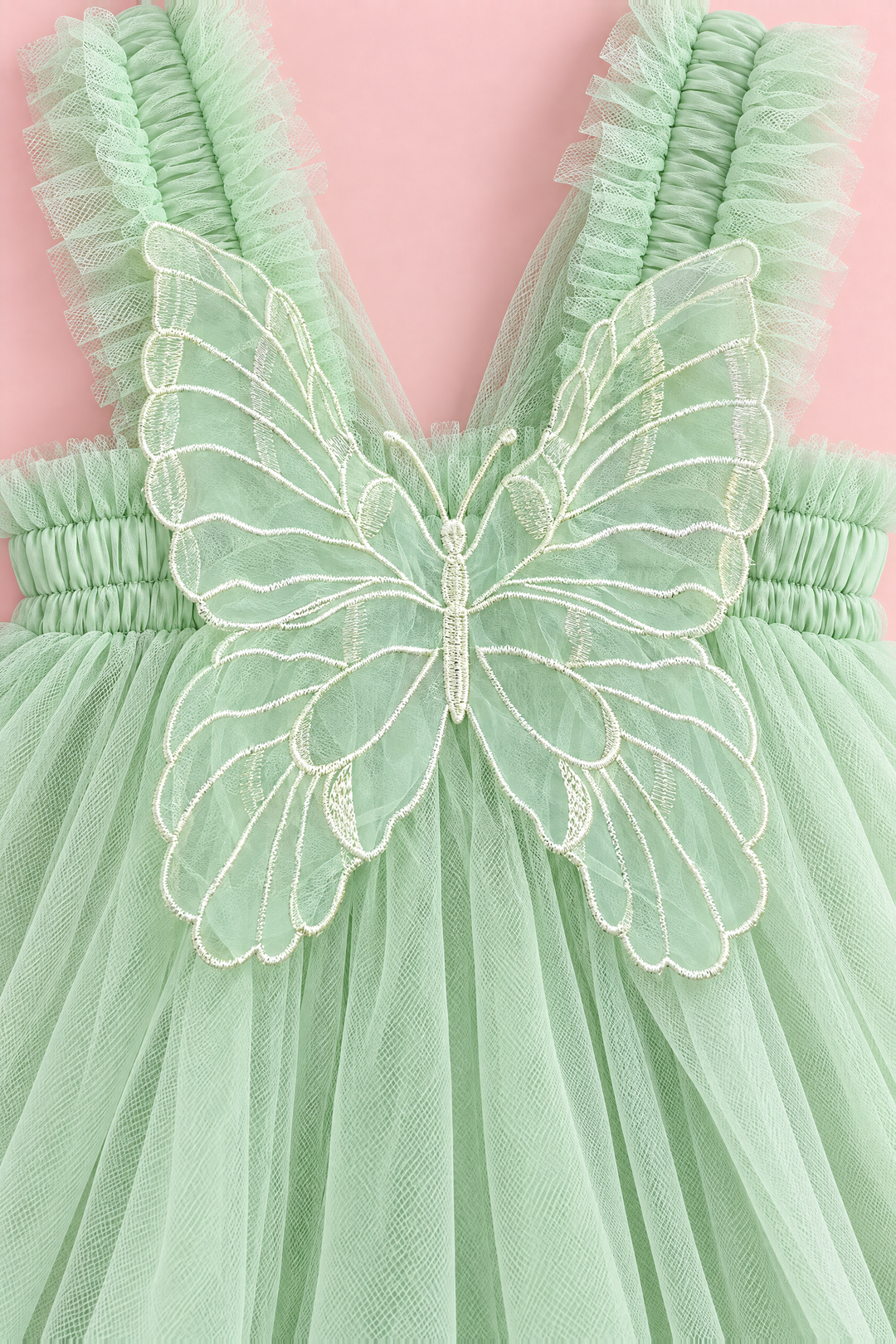 Papillon Mint Butterfly Back Flower Girl Dress, organza butterfly with ivory stitching, straps and band, close up