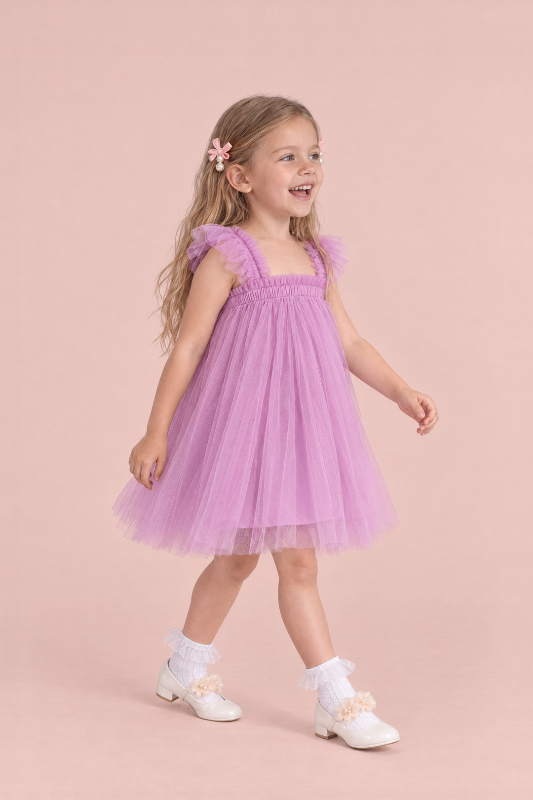 Papillon Orchid Butterfly Back Flower Girl Dress, three quarter view, walking into the light
