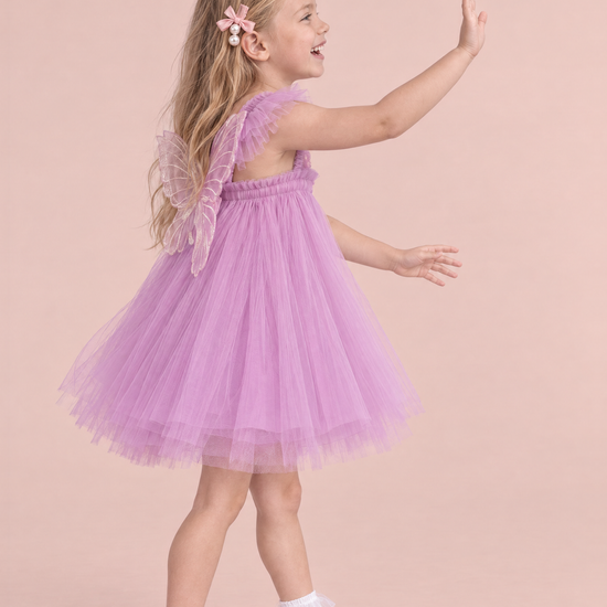 Papillon Orchid Butterfly Back Flower Girl Dress, side, reaching up for a high five