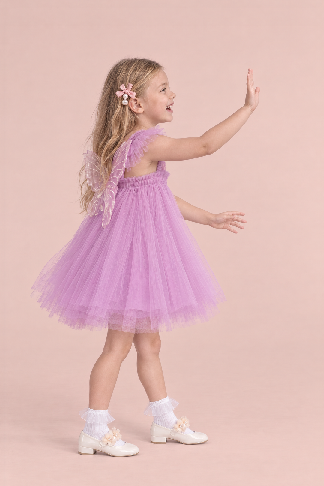 Papillon Orchid Butterfly Back Flower Girl Dress, side, reaching up for a high five