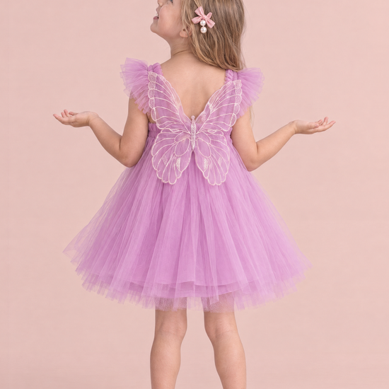Papillon Orchid Butterfly Back Flower Girl Dress, back, palms up looking at the sky, one large organza butterfly between the straps