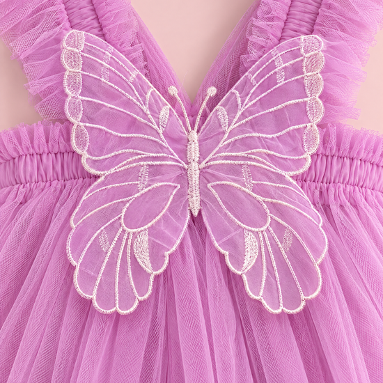 Papillon Orchid Butterfly Back Flower Girl Dress, organza butterfly with ivory stitching, straps and band, close up