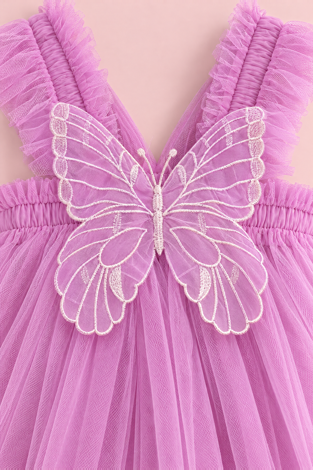 Papillon Orchid Butterfly Back Flower Girl Dress, organza butterfly with ivory stitching, straps and band, close up