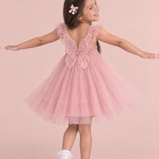 Papillon Dusty Rose Butterfly Back Flower Girl Dress, back, arms out like wings, one large organza butterfly between the straps