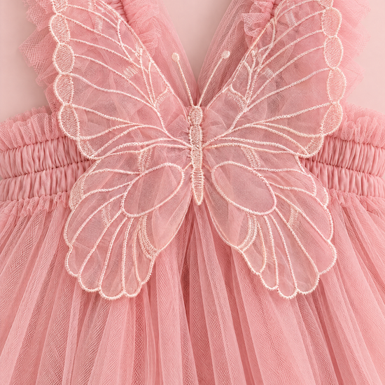 Papillon Dusty Rose Butterfly Back Flower Girl Dress, organza butterfly with ivory stitching, straps and band, close up