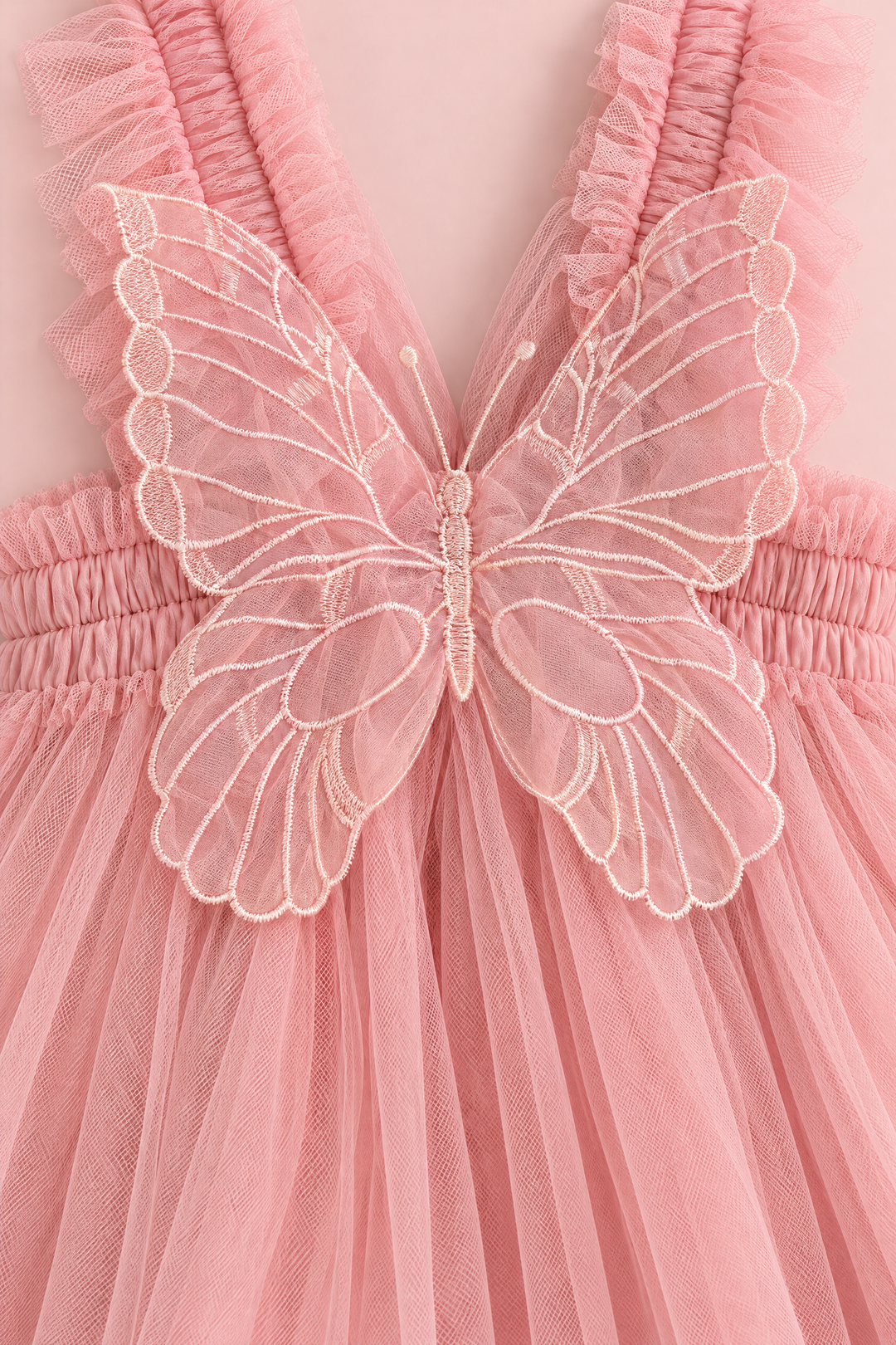 Papillon Dusty Rose Butterfly Back Flower Girl Dress, organza butterfly with ivory stitching, straps and band, close up