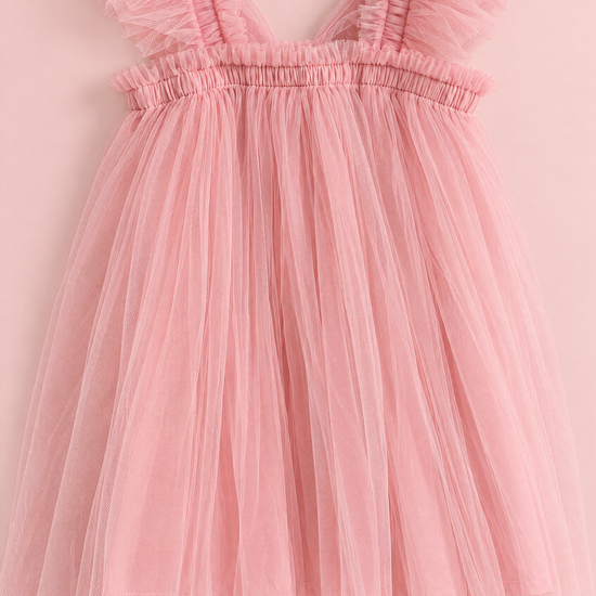 Papillon Dusty Rose Butterfly Back Flower Girl Dress, flat lay