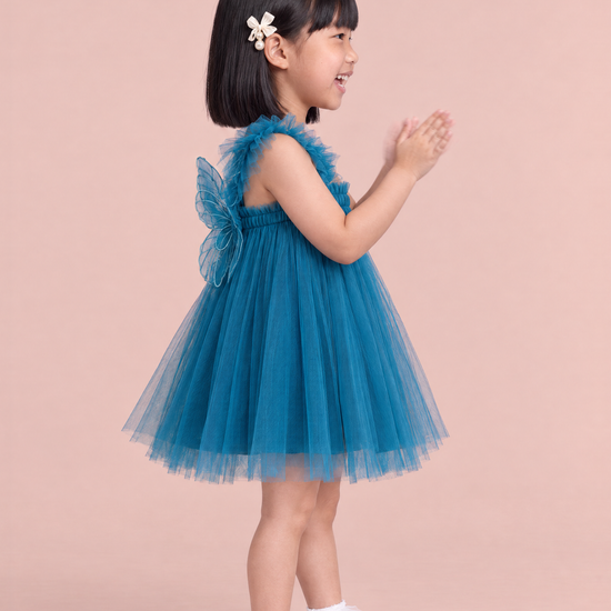 Papillon Teal Butterfly Back Flower Girl Dress, side, clapping with delight