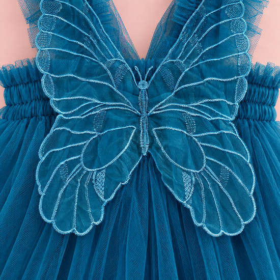 Papillon Teal Butterfly Back Flower Girl Dress, organza butterfly with light blue stitching, straps and band, close up