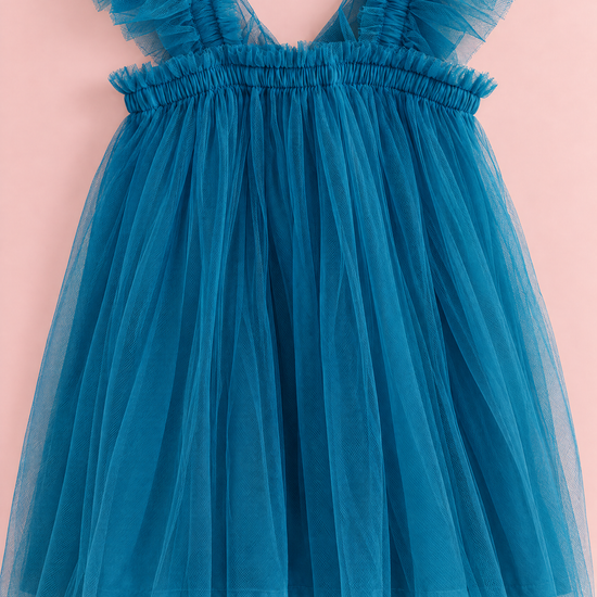 Papillon Teal Butterfly Back Flower Girl Dress, flat lay