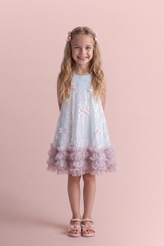 Periwinkle blue sequin party dress, front view on a girl, iridescent sequin swing dress with pink bows and a pink ruffle hem