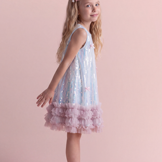 Periwinkle blue sequin party dress, side view