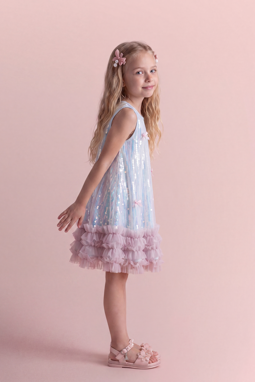 Periwinkle blue sequin party dress, side view